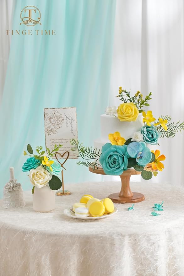 TINGE TIME Artificial Flowers Combo Set Teal Blue & Yellow Flowers Mix Silk Flowers Roses with Stem for DIY Wedding Bridal Bouquets Baby Shower Floral Arrangement Table Centerpieces Home Decorations