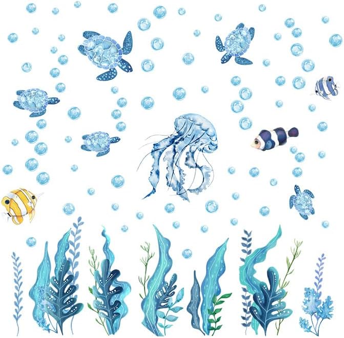 94 PCS of Marine Ecological Wall Decals,Under The Sea Bathroom Decor Wall Decals,Sea Turtles,Jellyfish,Clownfish, and Aquatic Plants Create an Underwater World Atmosphere,for Children's Rooms