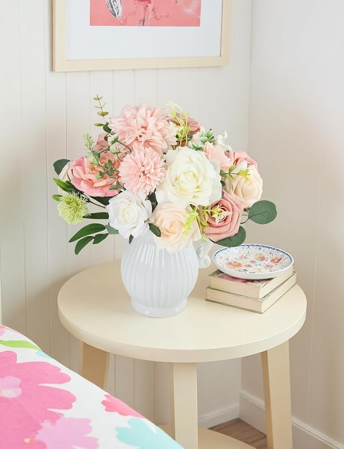 Pink and White Artificial Flowers Fake Silk Flowers for DIY Wedding Bouquets Cake Decoration Mixed Roses Combo Blush Flower Centerpieces Arrangements for Party Table Chair Decor (Pink)