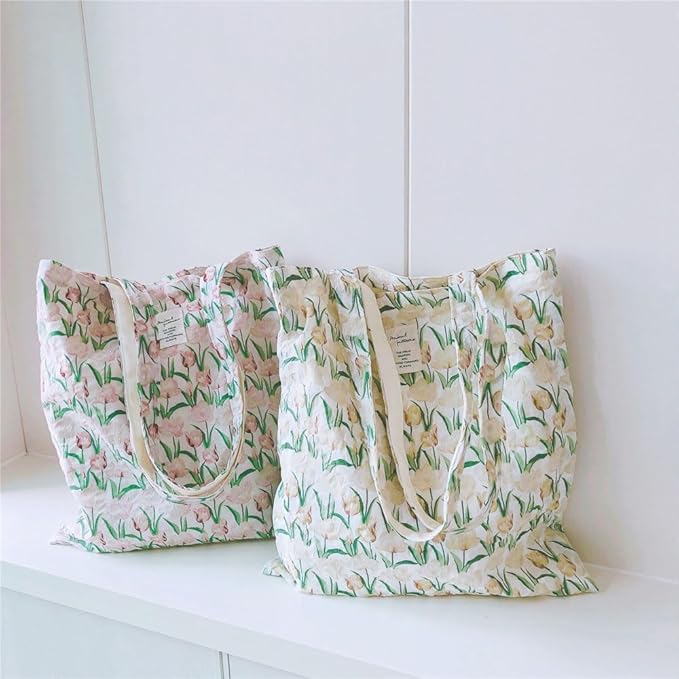 Cotton Canvas Tote Bag Reusable Soft Grocery Cloth Bag Floral Shoulder Bag for Beach Travel Shopping