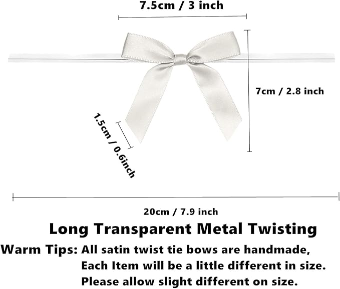 100 Pack 3" Satin Twist Tie Bows, Twist Bows for Treats, Ribbon Bows with Twist Ties Gift Wrap Bows, Pretied Bows Ties for Cake Pops, Baby Shower, Sweets Packaging, Party Favors, Gifts(Silver)