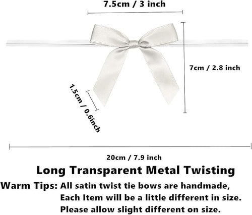 100 Pack 3" Satin Twist Tie Bows, Twist Bows for Treats, Ribbon Bows with Twist Ties Gift Wrap Bows, Pretied Bows Ties for Cake Pops, Baby Shower, Sweets Packaging, Party Favors, Gifts(Silver)