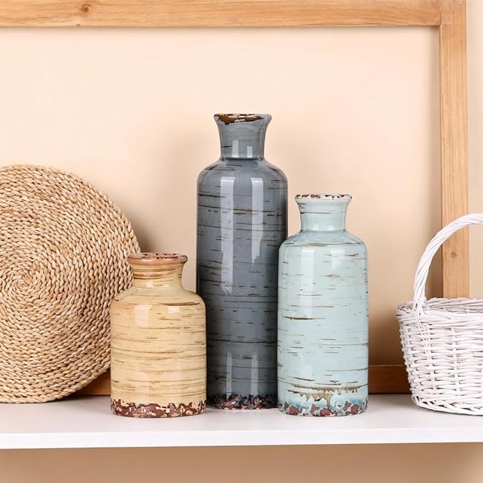 Ceramic Vase Set of 3 – Small Flower Vases, Modern Farmhouse Boho Flower Vases for Home Decor, Rustic Pottery Vases for Centerpieces, Living Room, Shelf, Fireplace, Entryway Decor, Table or Cabinet