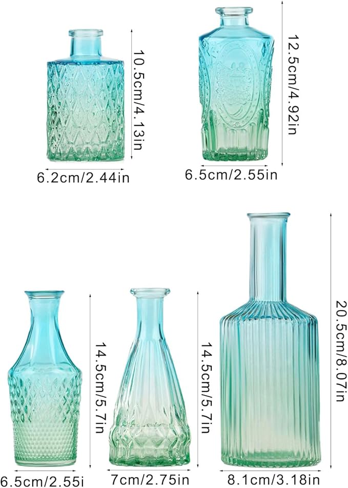 5Pieces Embossing Glass Vases Set Gradients Small Flower Buds Vases for Home Decors and Centerpieces Floral Arrangements