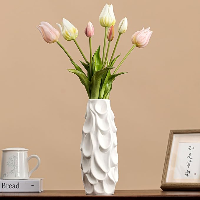Scalloped Scale Vase - White Matte Ceramic with Textured Sculptural Design, 10.5" Unique Flower Vase for Pampas Grass/Centerpieces,Decorative Boho Vase for Living Room/Office,Ideal Gift for Art Lovers