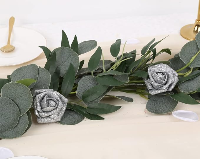 IPOPU Silver Roses Artificial Flowers,50pcs Glitter Flowers Fake Foam Roses with Stem for DIY Wedding Bridal Bouquet Home Party Christmas Decoration(Silver)