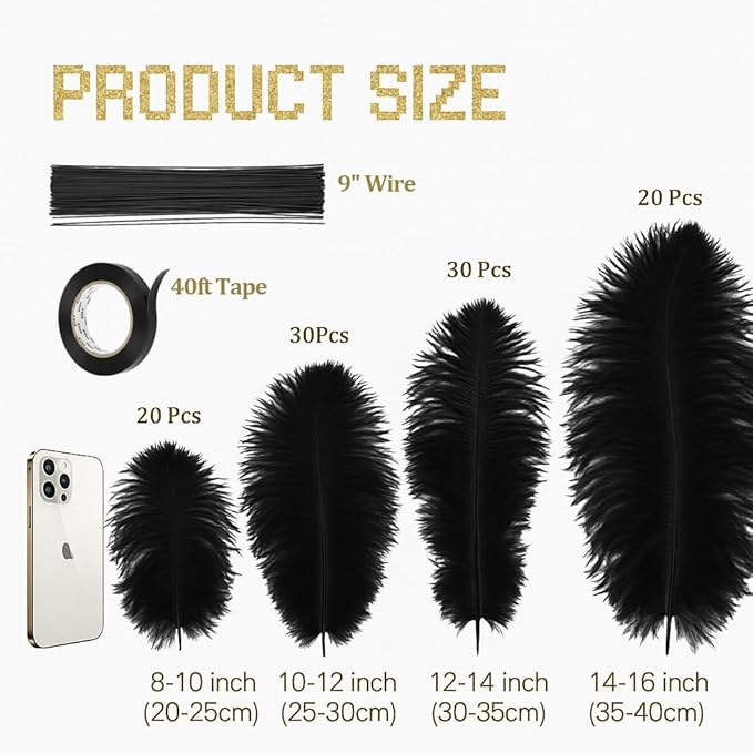 Lamar 100 Pcs Black Ostrich Feathers 14-16'' 12-14'' 10-12'' 8-10'' Bulk for Wedding Centerpieces, Event Decor, Floral Arrangement, Home Decor (Black)