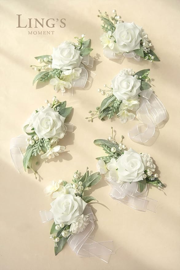Ling's moment 6pcs Wedding Wrist Corsage Artificial Flowers, Girl/Mother Homecoming Prom Corsages Wristlet Décor, etc. Snow White