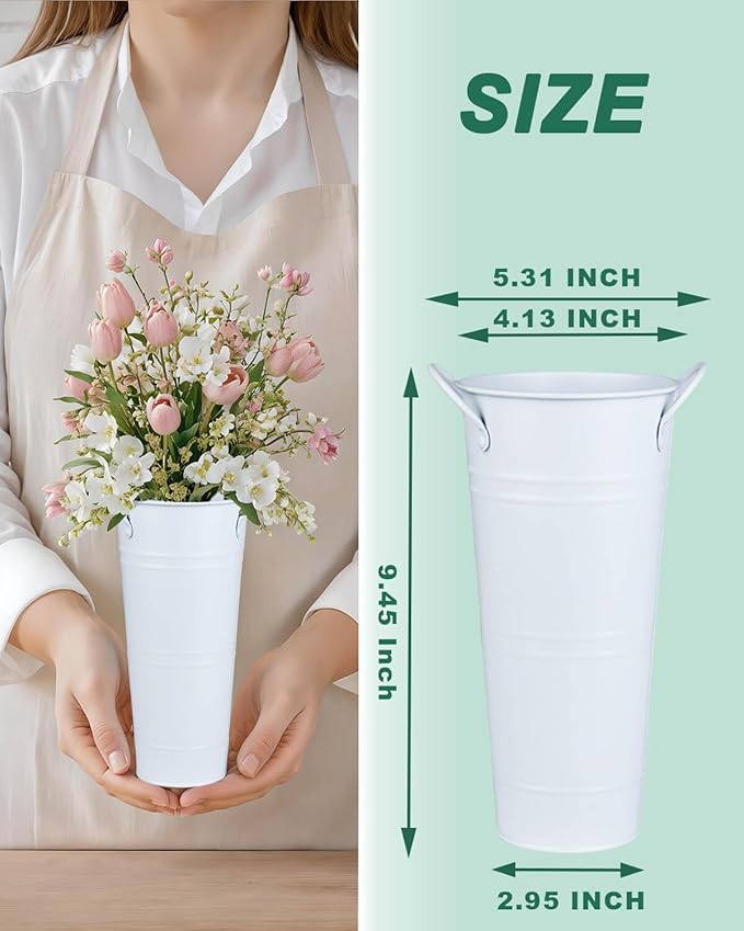 9 Inch Galvanized Metal Vases for Flowers - 2 Pcs Farmhouse Decorative Tall Flower Bucket with Handles, Rustic French Tin Planter Buckets for Wedding Decor (Pure White)