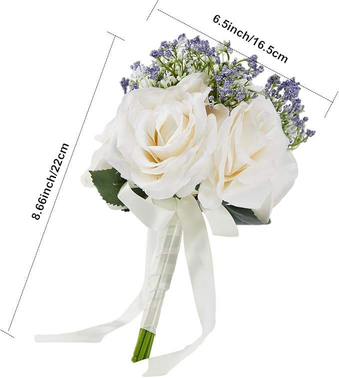 Meldel 6.5 Inch Ivory Bridesmaid Bouquets, Set of 2, Small Rose Artificial Wedding Bouquet Centerpiece Decorations for Wedding