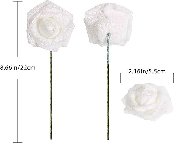 White Flowers Glitter Rose 30 PCS Artificial Flowers Glitter Flowers Foam Roses with Stem Fake Flowers for DIY Wedding Bridal Bouquet Party Centerpieces Decor(White)