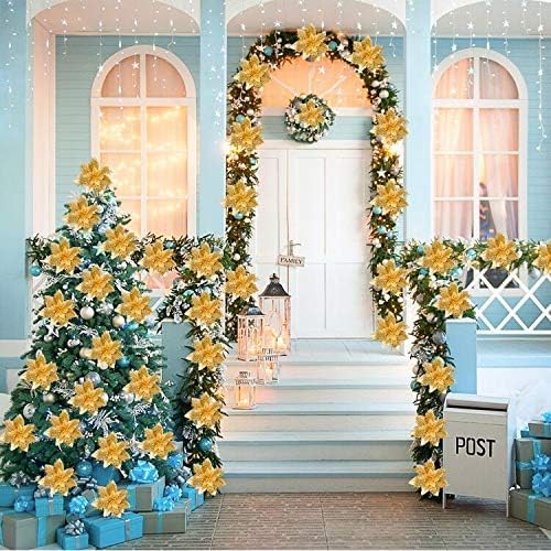 Zhuqing 15Pcs Christmas Poinsettia Artificial Flowers Decorations, Glitter Poinsettia Christmas Tree Ornaments, Gold Tree Flowers for Xmas/Wedding/Holiday/Wreath/Garland Decor, with Cilps, 5.5 Inch