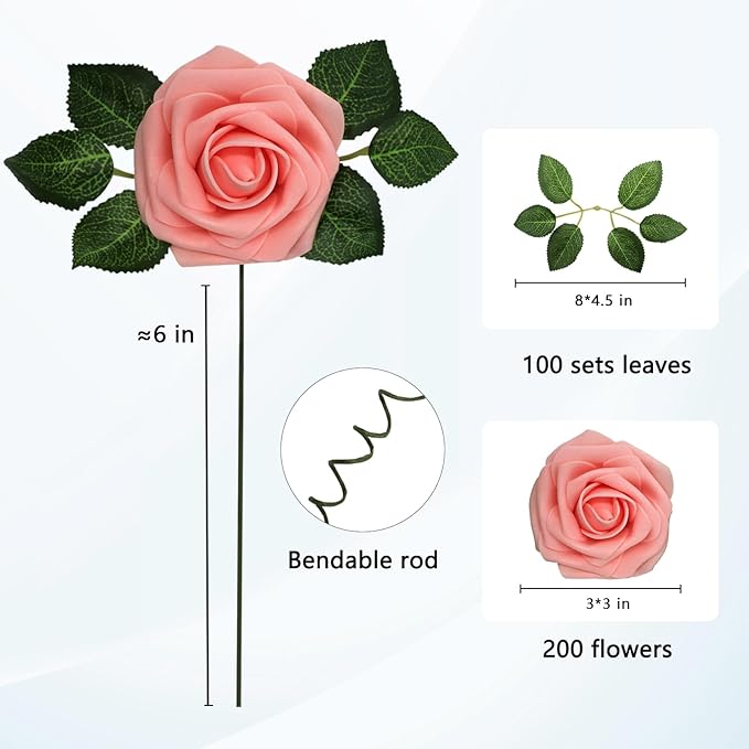 JOYLEX Artificial Flowers Realistic Roses, Real Looking Fake Roses with Stem for DIY Wedding Bouquets Centerpieces Bridal Shower Party Home Romantic Decorations (Pink, Regular 3" - 200pcs)