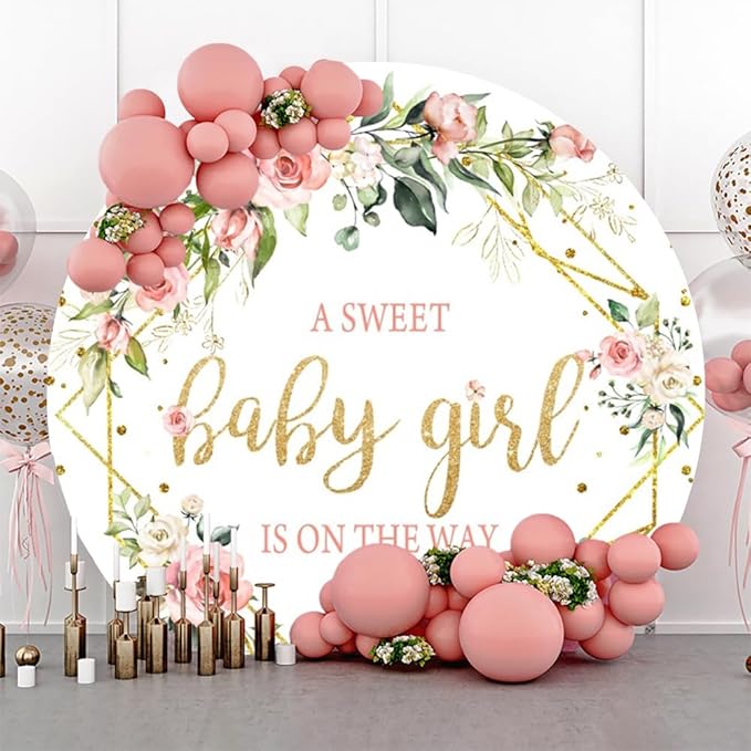 Baby Shower Backdrop - 7.5ft Pink Floral Circle Background with Green Leaves - Baby Girl Shower Decor