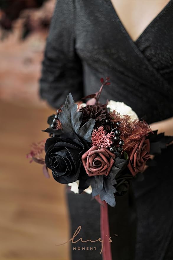 Ling's moment Artificial Flowers Gothic Bridesmaid Bouquet Set of 4, Burgundy and Black Wedding Flowers Bouquets for Bridesmaids 7 Inch Bridal Bouquets for Bridesmaids, Wedding, Ceremony, Anniversary