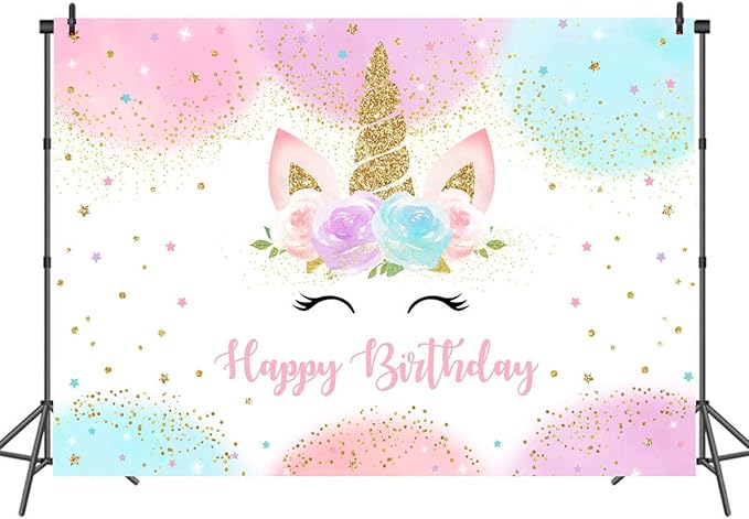 Mocsicka Unicorn Birthday Decorations Backdrop for Girls Party 5x3ft Pastel Rainbow Glitter Stars Dots Happy Birthday Banner Photo Booth Props