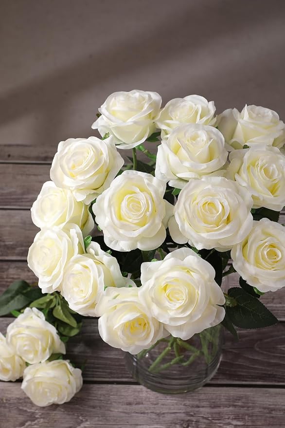 Luyue 10PCS Artificial Roses Flower with Stems Slik Fake Flowers Bouquet Realistic Long Stem Faux Rose for Wedding Home Decor