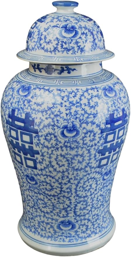 19" Antique Like Finish Blue and White Ginger Jars Porcelain Temple Ceramic Ginger Jar Vase, Double Happiness China Ming Style, Jingdezhen(L16)
