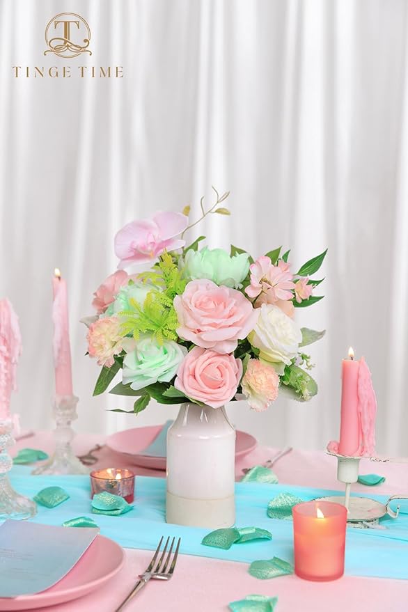 TINGE TIME 7 Inch Artificial Flowers Wedding Bouquets for Bridesmaid, Set of 4, Mint Green & Pink Bride Tossing Bouquet for Rustic Wedding Ceremony Bridal Shower Rehearsal Dinner Vintage Party