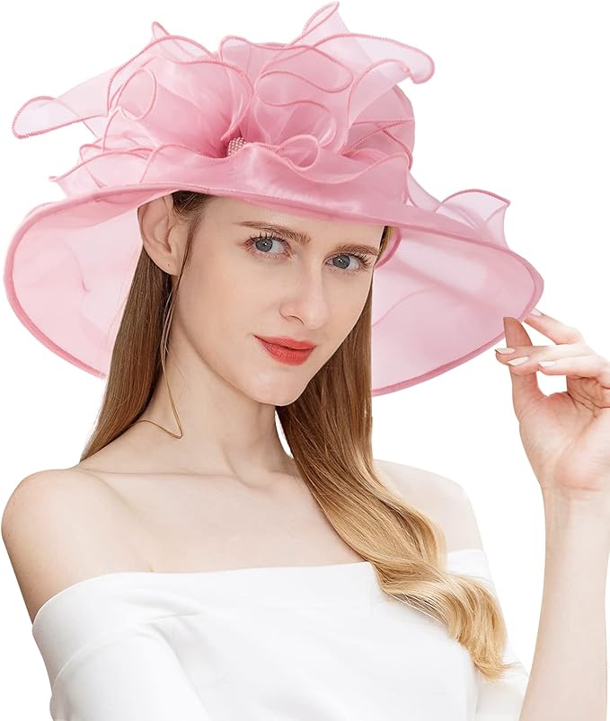 Organza Derby Hats for Women Wide Brim Fascinator Hat Rose Flower Wedding Tea Party Hat