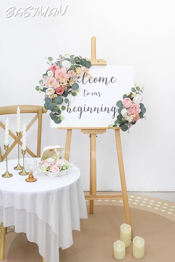 2pcs Wedding Arch Flowers,Wedding Artificial Sign Flower,Welcome Easel Door Decor Wall swags for Reception Backdrop Table Decorations Welcome Sign (Deep Pink)