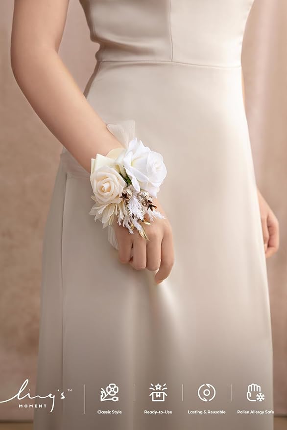 Ling's moment 6pcs Wedding Wrist Corsage Artificial Flowers, Girl/Mother Homecoming Prom Corsages Wristlet Décor, etc. Boho White Nude