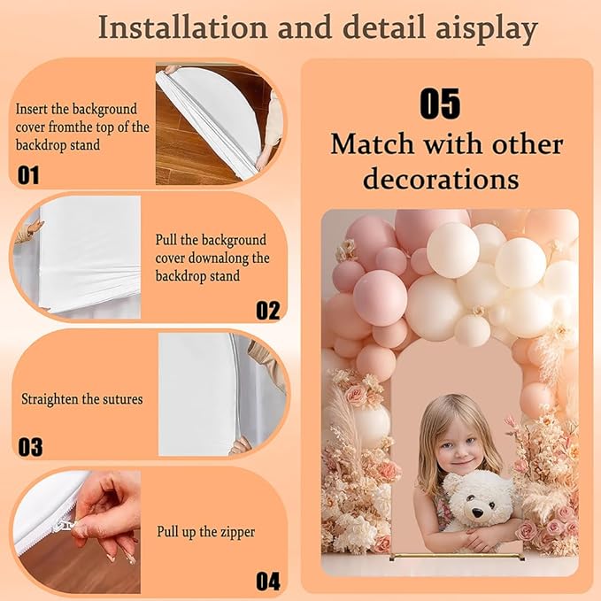 Customizable Arch Backdrop Stand and Cover Set – Featuring a Golden Metal Arch Stand, Customizable with Your Desired Images/Photos. Suitable for Baby Showers, Weddings, Festivals, Birthdays