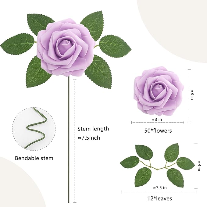 Artificial Flowers 50PCS Light Purple Roses Real Looking Foam Fake Roses with Leaves and for DIY Wedding Bouquets Bridal Shower Centerpieces Party Decorations (Lilac)