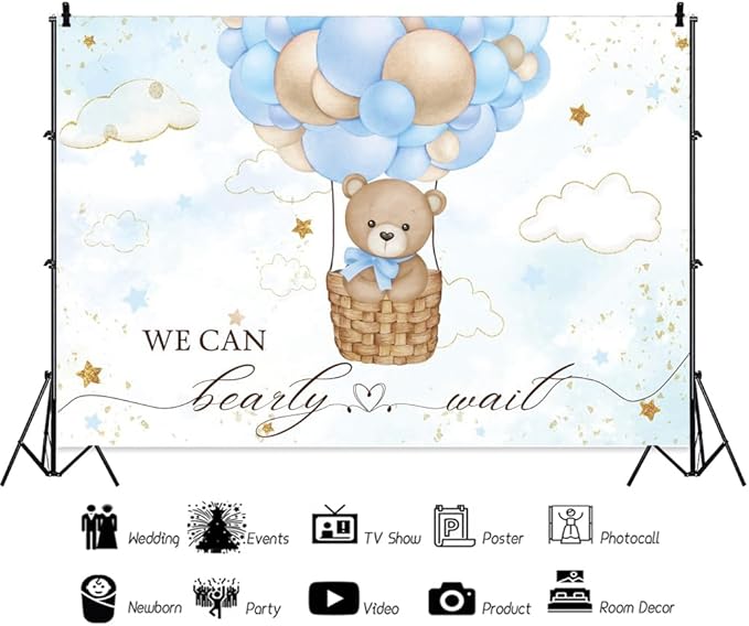 ChloropLastid We Can Bearly Wait Baby Photo Backdrop 12x10ft Pink Hot Air Balloon Bear Background for Baby Balloons Clouds Stars Girl Baby Shower Newborn Party Cake Photo Decoration