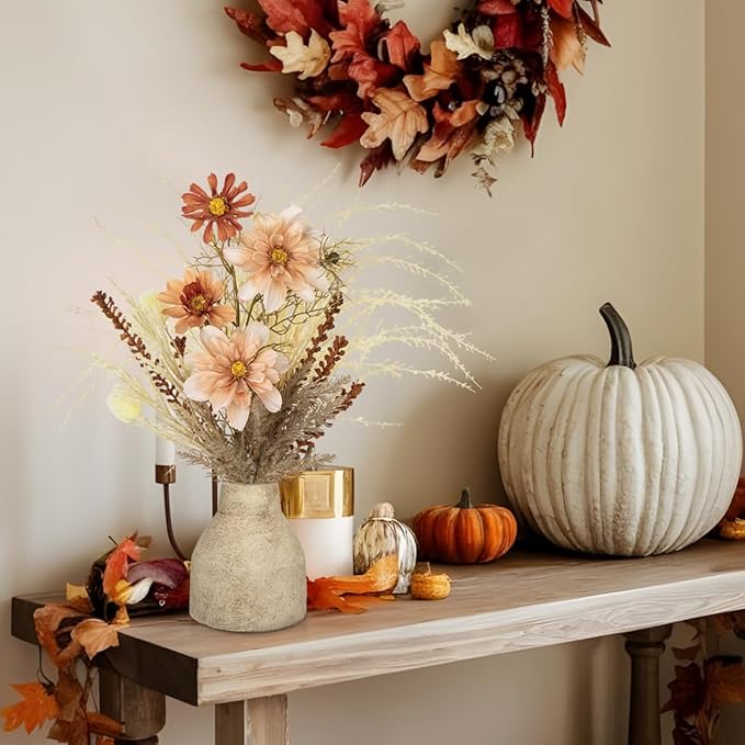 Hollyone Faux Fall Pampas Grass with Vase, Fall Flowers Artificial for Decoration Arrangement Bouquet Plant in Ceramic Vase Fluffy Boho Home Decor Fake Pompass Pompous Grass Floral Autumn Decorations