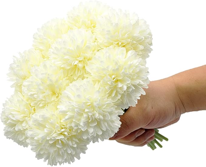 10Pcs Artificial Fake Flower Plants Silk Chrysanthemum Ball Hydrangea Arrangements Wedding Bouquets Decor Home Kitchen Garden Party Table Floral Centerpieces DIY(White)