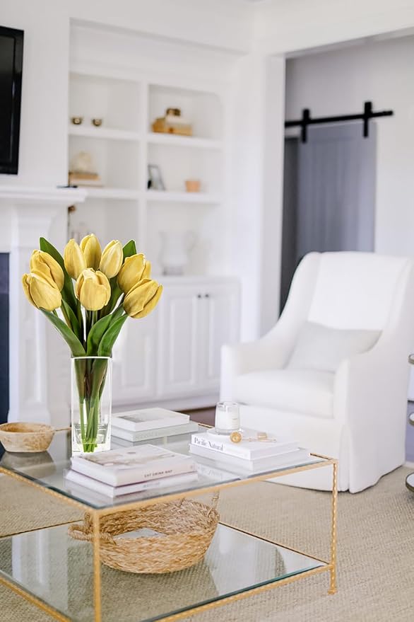 Briful Fake Flowers Artificial Tulip Flower Khaki in Clear Vase, Real Touch EVA Tulip Arrangement Suitable for Home Office Fall Decoration, Dining Table Centerpiece