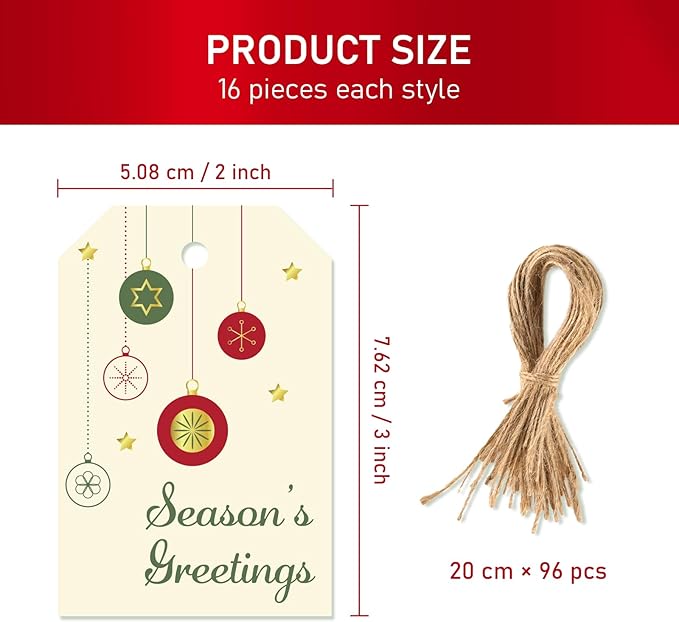 Christmas Gift Tags with String, 96 Pcs Christmas Hanging Tags Label Gold Foil Xmas Present Tag for DIY Xmas Holiday Present Wrapping Decorations, 6 Styles