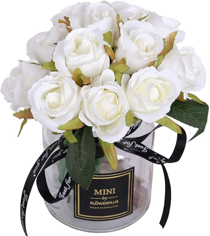 Jasion Artificial Roses Flowers Silk 12pcs DIY Bouquet for Home Office Parties Table Centerpieces Bridal Wedding Decoration Without Vase (Spring White)