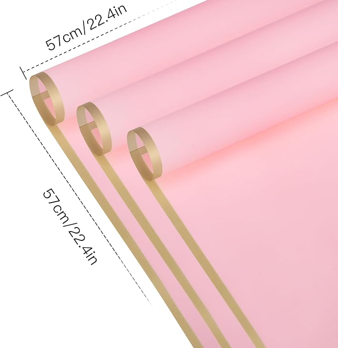 WRAPAHOLIC 20 Sheets Flower Wrapping Paper - 22.4 x 22.4 inch Gold Trim Pink Water-Resistant Floral Bouquet Wrapping Paper, Florist Supplies Packaging Paper for Wedding Birthday Gift DIY