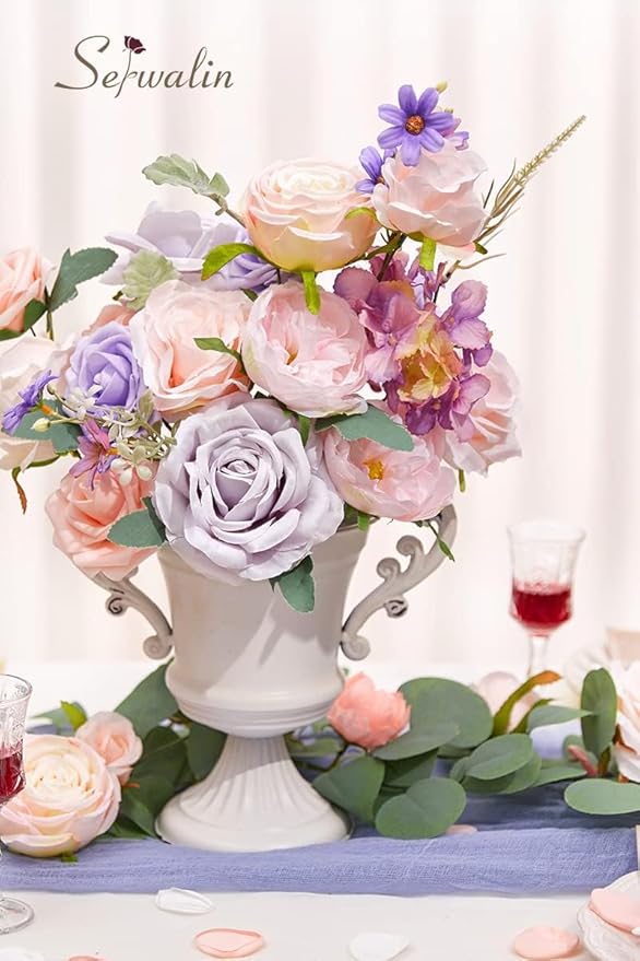 Serwalin 2Pcs Artificial Flowers Fake Silk Flowers Combo Realistic Mixed Roses Box for DIY Wedding Bridal Bouquets Centerpieces Arrangements Faux Flowers with Stems Home Decor, Pink&Lilac