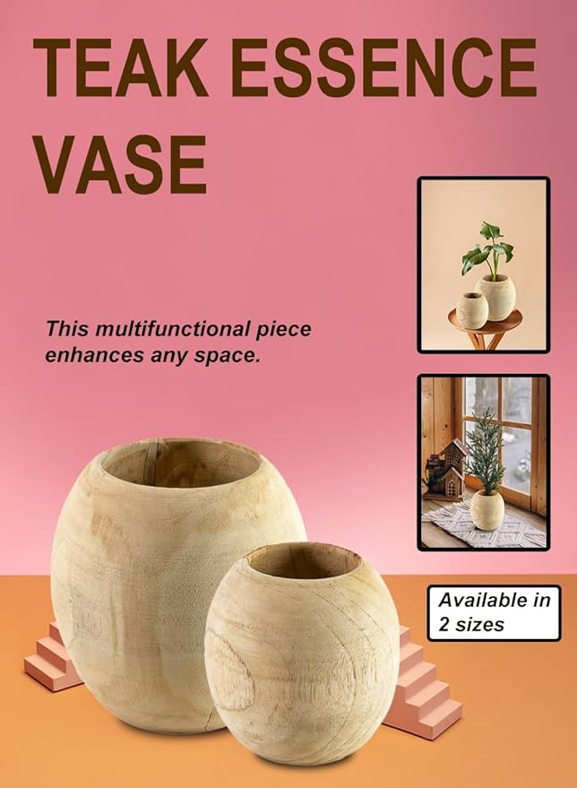 Serene Spaces Living Teak Essence Vase - Handcrafted Natural Wood Vase, Perfect for Artificial, Dried, and Fresh Flowers, Unique Rustic Decor Piece for Home or Office, Gift Idea (Small - Pack of 1)
