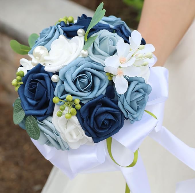 Lightweight Bridal Wedding Bouquet Round Holding Bouquet Throw Toss Artificial Rose Flower Bunch for Bride Bridesmaid Wedding Quinceanera (White & Shades of Blue, 9.1")