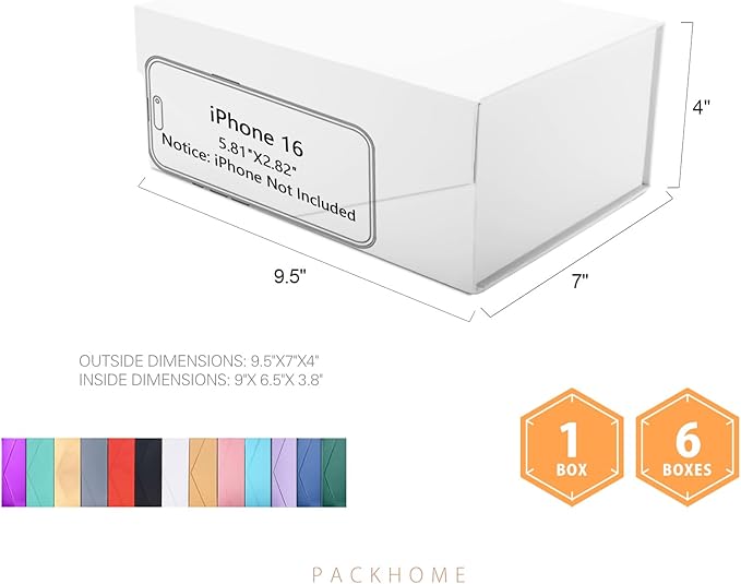 PACKHOME 6 Gift Boxes 9x6.5x3.8 Inches, Rectangle Collapsible Boxes with Magnetic Lids for Gift Packaging (Matte White, Grain Texture)