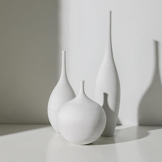 White Ceramic Vase Set of 3, Modern Boho Vases for Centerpiece Decor, Matte Minimalist Decorative White Vases Home Decor, for Living Room, Bookshelf, and Entryway Table Decor