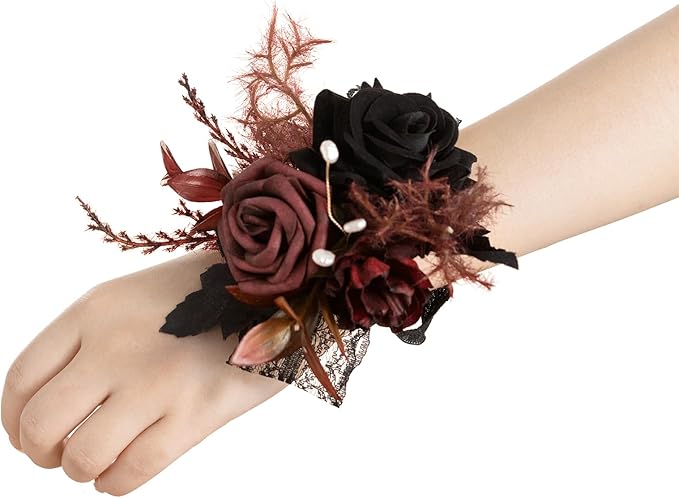 Ling's moment 6pcs Wedding Wrist Corsage Artificial Flowers, Girl/Mother Homecoming Prom Corsages Wristlet Halloween Décor, etc. Black Gothic Burgundy