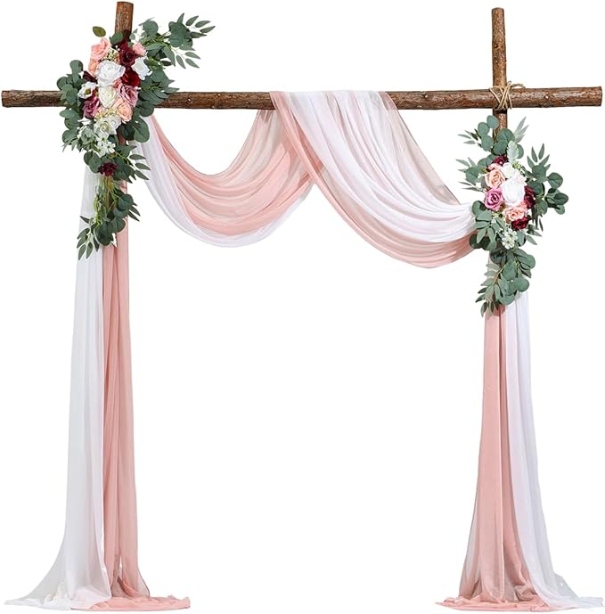 VEVOR Artificial Wedding Arch Flowers Kit, Pink Wedding Arch Flowers with Drapes Kit- 2 Pcs Floral Arrangement, 2 Pcs Sheer Drapes, for Ceremony Bouquets Reception Backdrop Decoration（No include wood）