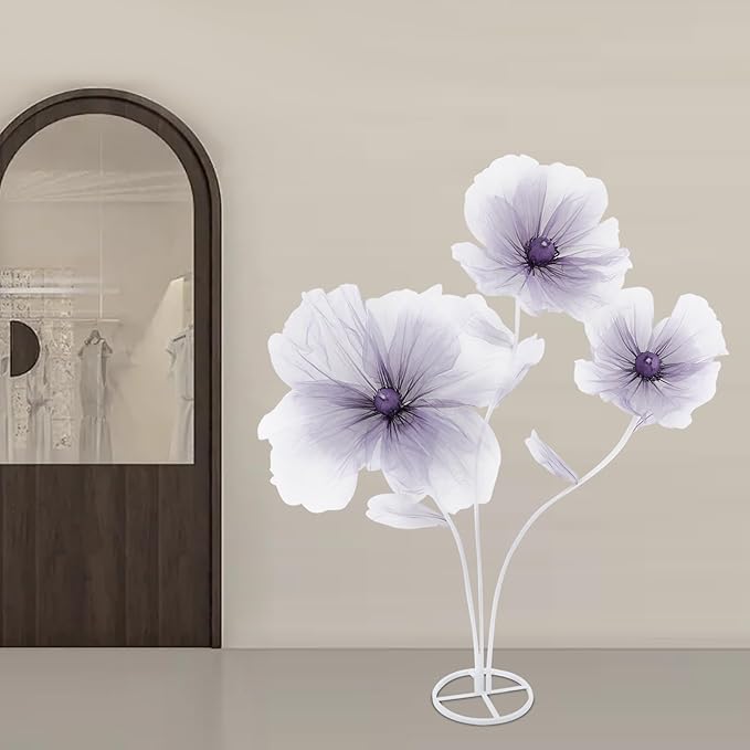 Large Giant Flowers Wedding, 3-Head Fake Flowers with Standing Stems and Base, 5.6 Ft Tall Artificial Silk Flower Large Fake Flower, Wedding Reception Banquet Background Home Decor (Purple)
