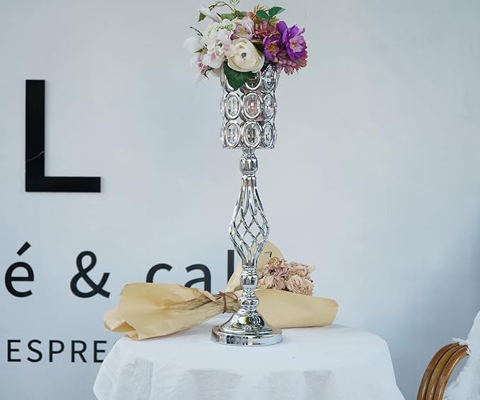 Set of 10 Metal Diamond Crystal Wedding Centerpiece Vases for Tables, 24in Silver Versatile Tall Flower Holders Centerpiece Flower Stands for Wedding Party Reception Home Décor