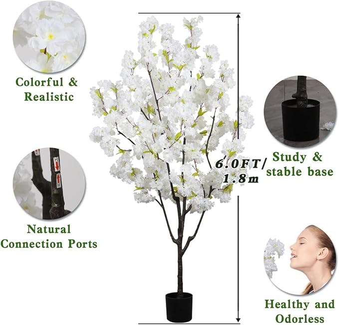Indoor Faux Cherry Blossom Tree White Artificial Flower Tree, Artificial Cherry Blossom Tree 6 FT for Living Room Bedroom Decor Gift