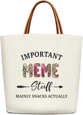 Canvas Tote Bag for Women, Important Stuff Bag with Leather Handle, Reusable Grocery Bags for Shopping Beach Travel