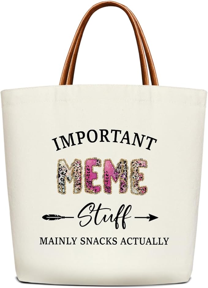 Canvas Tote Bag for Women, Important Stuff Bag with Leather Handle, Reusable Grocery Bags for Shopping Beach Travel