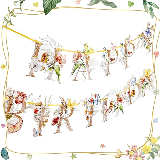 Flower Butterfly Happy Birthday Banner, Boho Groovy Floral and Butterflies Bday Sign, Wildflower Garden Party Decorations for Sweet 16 21st 30th 40th 50th 60th 70th Birthday Party