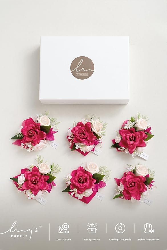 Ling's moment 6pcs Wedding Wrist Corsage Artificial Flowers, Girl/Mother Homecoming Prom Corsages Wristlet Décor, etc. Hot Pink Magenta