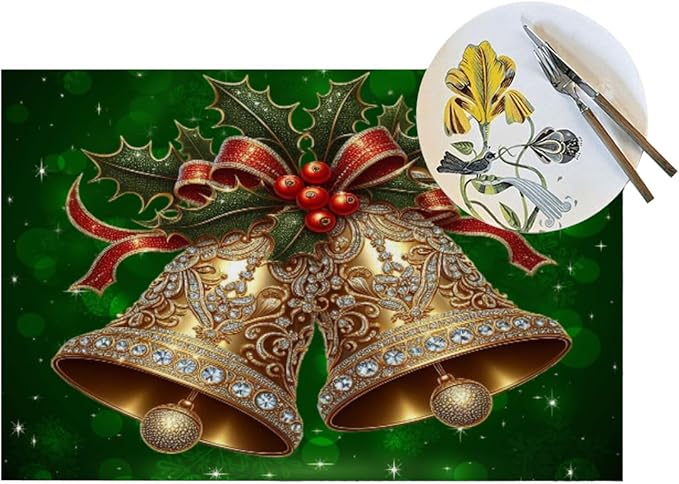 PVC Placemats Set of 4 Wipeable Table Mats Washable Heat Resistant Non Slip Vinyl Dining Table Mat for Kitchen Indoor Outdoor Patio Farmhouse Place Mats Green Christmas Bell Decorative